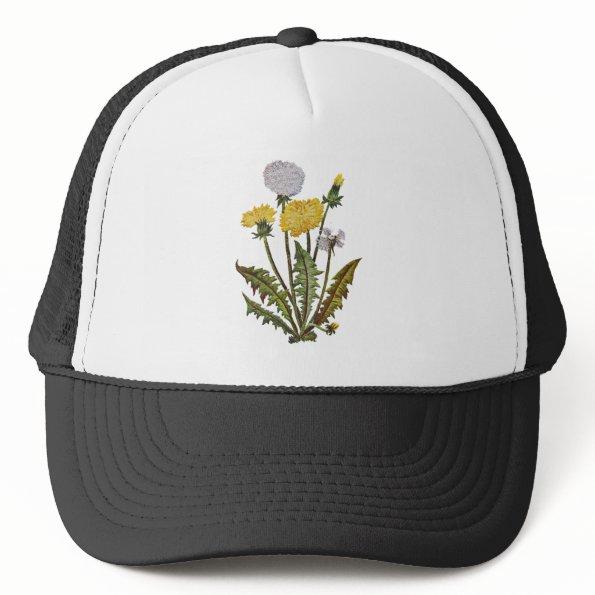 Crewel Embroidered Golden Dandy Lions Trucker Hat
