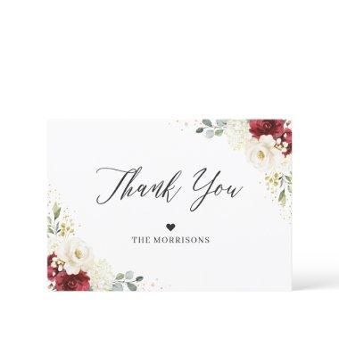 Crimson Red White Floral Gold Confetti Wedding Thank You