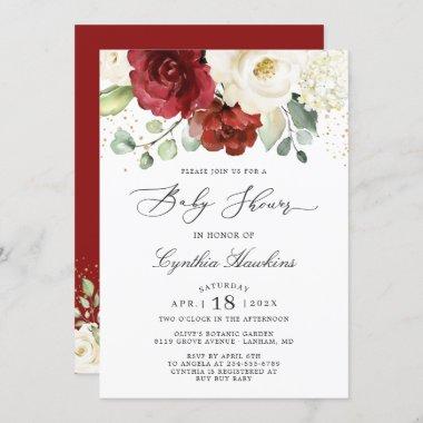 Crimson Red White Rustic Chic Floral Baby Shower Invitations
