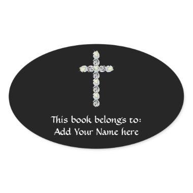 Cross of Silver and White Roses Oval Sticker
