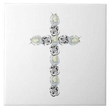 Cross of Silver and White Roses Tile