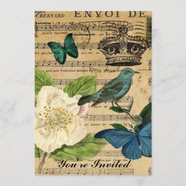 crown bird Music Notes Rose shabby elegance Invitations