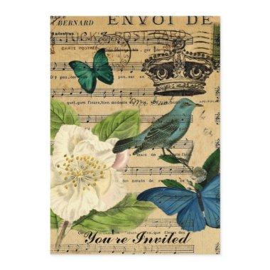 crown bird Music Notes Rose shabby elegance Invitations