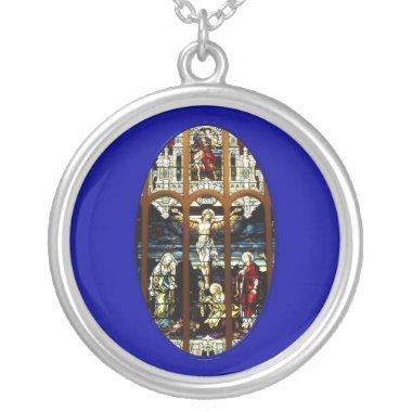 Crucifixion of Jesus stained glass window Silver Plated Necklace