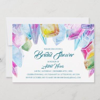 Crystal Bride Rainbow Watercolor Gem Bridal Shower Invitations