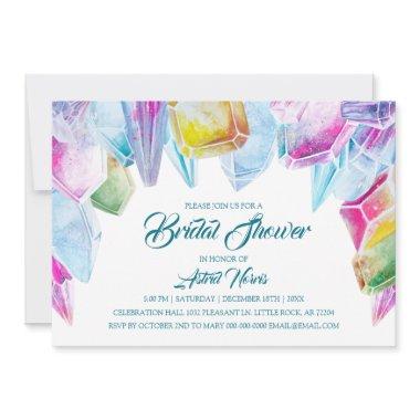 Crystal Bride Rainbow Watercolor Gem Bridal Shower Invitations