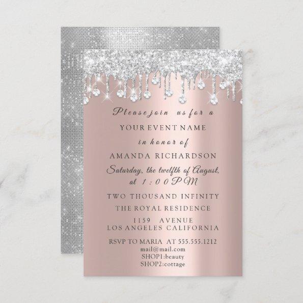 Crystals Glitter Silver Gray Rose Bridal Birthday Invitations