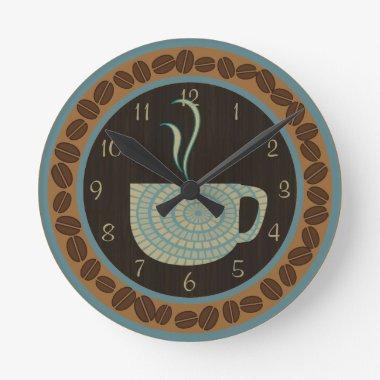Cup O Coffee Brown and Teal Round Clock