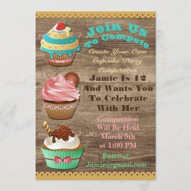 Cupcake Wars Bake Off Birthday Brown Wooden Invite