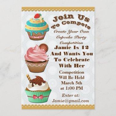 Cupcake Wars Bake Off Birthday Grey Circles Invite