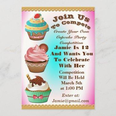 Cupcake Wars Bake Off Birthday Pink Blue Invite