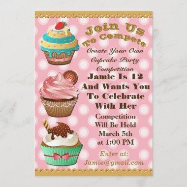 Cupcake Wars Bake Off Birthday Pink Polka Invite