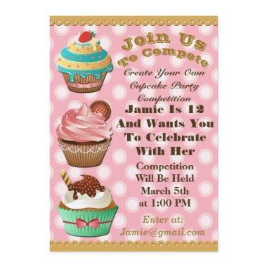 Cupcake Wars Bake Off Birthday Pink Polka Invite