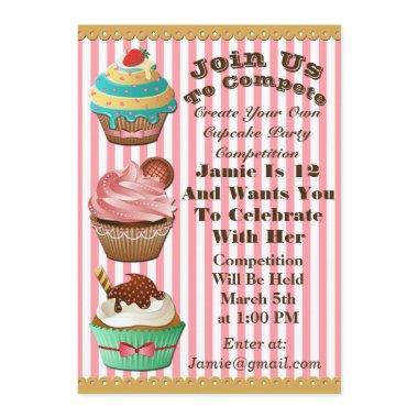 Cupcake Wars Bake Off Birthday Pink Striped Invite