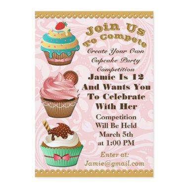 Cupcake Wars Bake Off Birthday Pink Swirl Invite