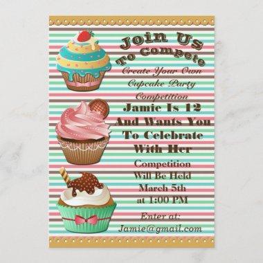 Cupcake Wars Bake Off Birthday Striped Invite