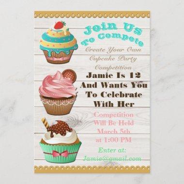 Cupcake Wars Bake Off Birthday White Wooden Invite