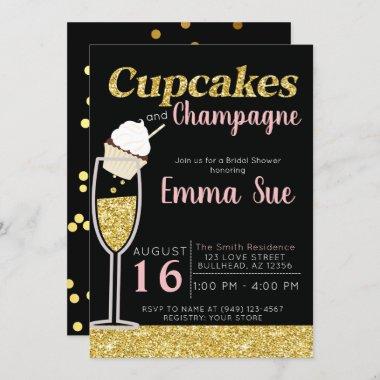Cupcakes & Champagne Black & Gold Bridal shower Invitations