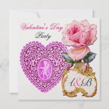 CUPID LACE HEART AND PINK ROSE VALENTINE MONOGRAM Invitations