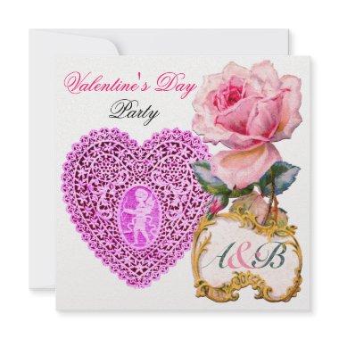 CUPID LACE HEART AND PINK ROSE VALENTINE MONOGRAM Invitations