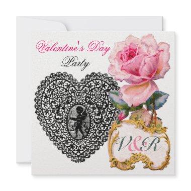 CUPID LACE HEART AND PINK ROSE VALENTINE MONOGRAM Invitations