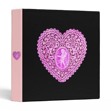 CUPID LACE HEART , black and pink 3 Ring Binder