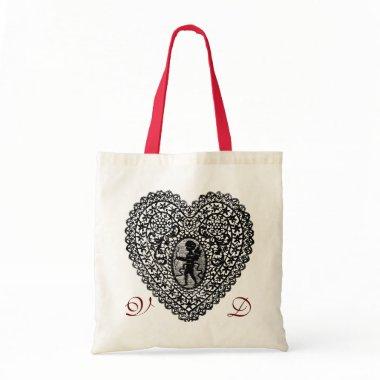 CUPID LACE HEART BLACK AND WHITE PINK RED MONOGRAM TOTE BAG