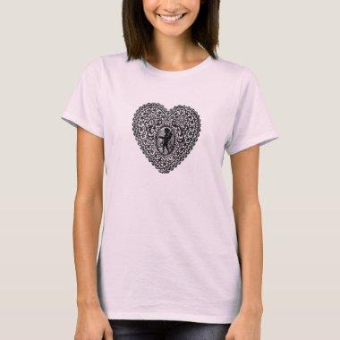 CUPID LACE HEART, Black and White T-Shirt