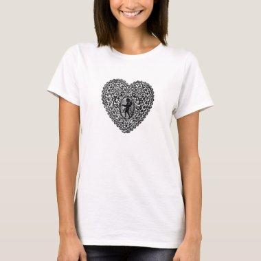 CUPID LACE HEART, Black and White T-Shirt