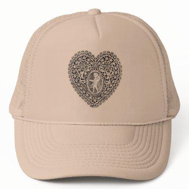 CUPID LACE HEART, Black and White Trucker Hat