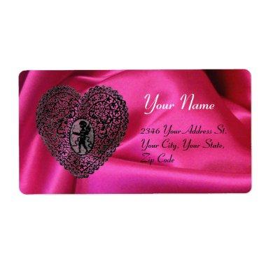 CUPID LACE HEART,FUCHSIA SILK CLOTH pink black Label