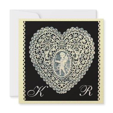 CUPID LACE HEART MONOGRAM champagne metallic paper Announcement