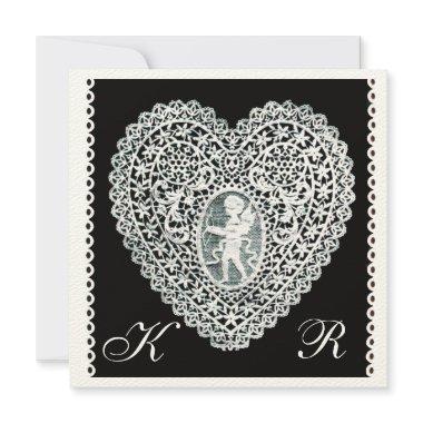 CUPID LACE HEART MONOGRAM ,felt paper Announcement