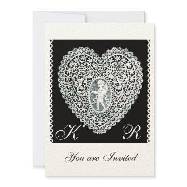 CUPID LACE HEART MONOGRAM felt paper Invitations