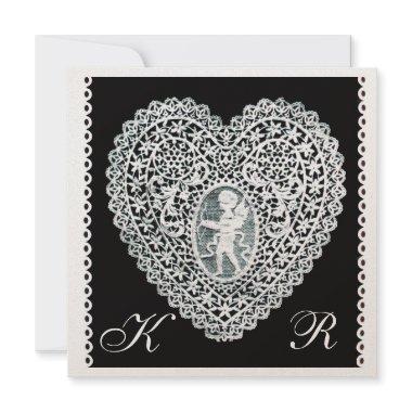 CUPID LACE HEART MONOGRAM gold metallic paper Announcement