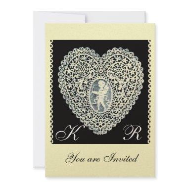 CUPID LACE HEART MONOGRAM gold metallic paper Invitations