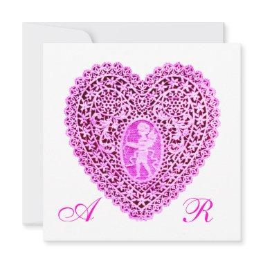 CUPID LACE HEART MONOGRAM, pink fuchsia Announcement