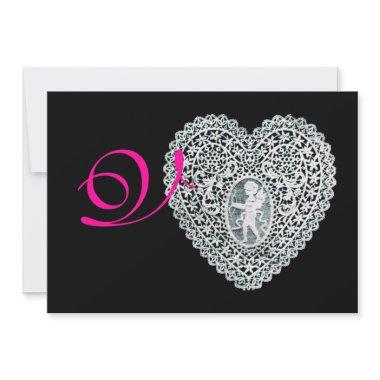 CUPID LACE HEART MONOGRAM,pink fuchsia Announcement