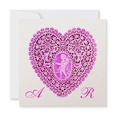 CUPID LACE HEART MONOGRAM, pink fuchsia champagne Announcement