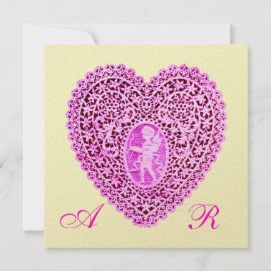 CUPID LACE HEART MONOGRAM, pink fuchsia gold Announcement