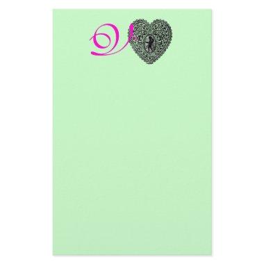 CUPID LACE HEART MONOGRAM, pink fuchsia green Stationery