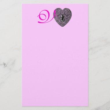 CUPID LACE HEART MONOGRAM Pink Valentine's Day Stationery