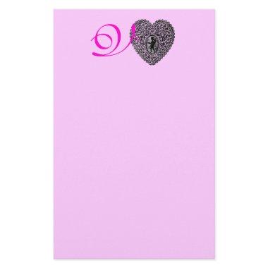 CUPID LACE HEART MONOGRAM Pink Valentine's Day Stationery