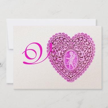 CUPID LACE HEART MONOGRAM, red fuchsia champagne Announcement