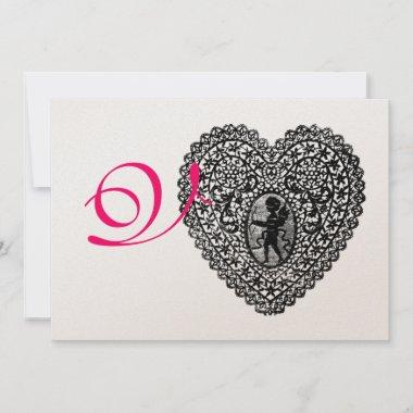 CUPID LACE HEART MONOGRAM, red fuchsia gold Announcement