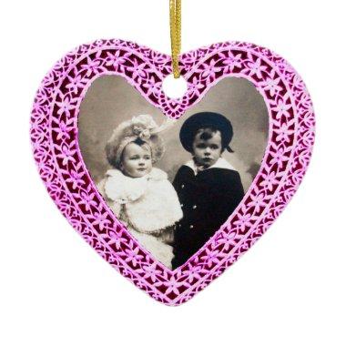 CUPID LACE HEART PHOTO TEMPLATE,pink purple Ceramic Ornament