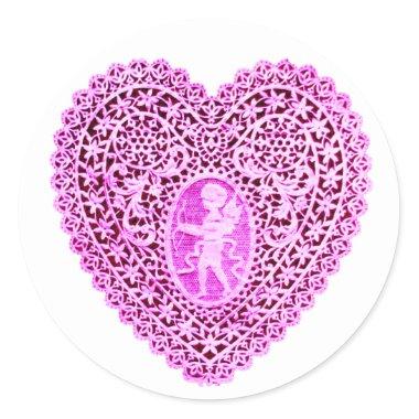 CUPID LACE HEART,pink Classic Round Sticker