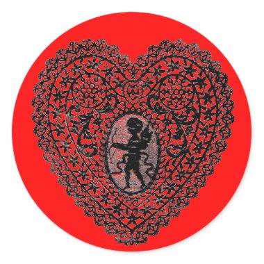 CUPID LACE HEART,red Classic Round Sticker