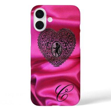 CUPID LACE HEART SILK BLACK FUCHSIA CLOTH MONOGRAM iPhone 16 PLUS CASE