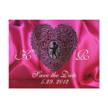 CUPID LACE HEART SILK FUCHSIA CLOTH , Pink Black Announcement PostInvitations